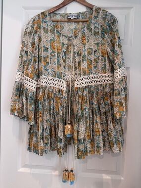 Pj Couture Floral Lace-Trim Top in Mustard, Teal & Cream